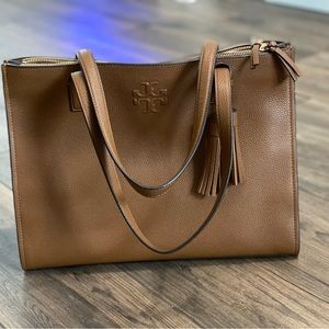 Authentic Tory Burch Thea Center Zip Tote Bag w/ Tassels, Moose Brown.